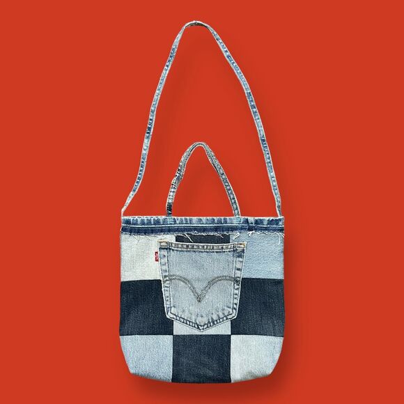 Handmade Denim Mini Bag Patchwork Tote Bag Vintage Jeans Faded Blue 3x10x12 - Picture 1 of 12